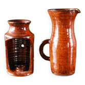 Signed orange ceramic candle holder and jug