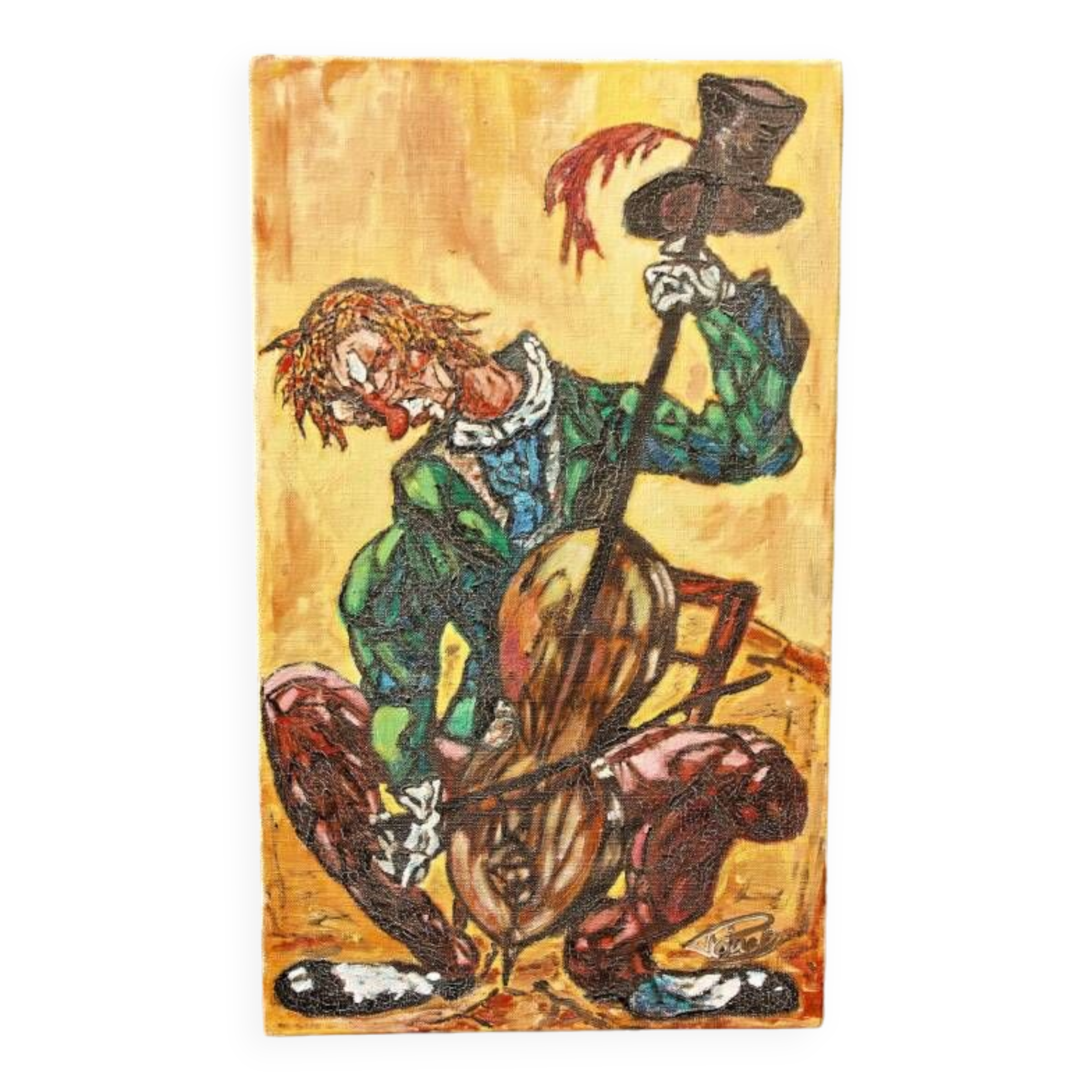 Clown musician, oil on canvas signed