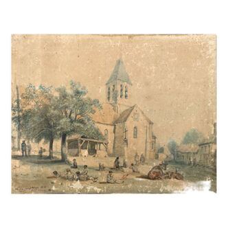 Tableau peinture paysage église Germigny-des-Prés 1854