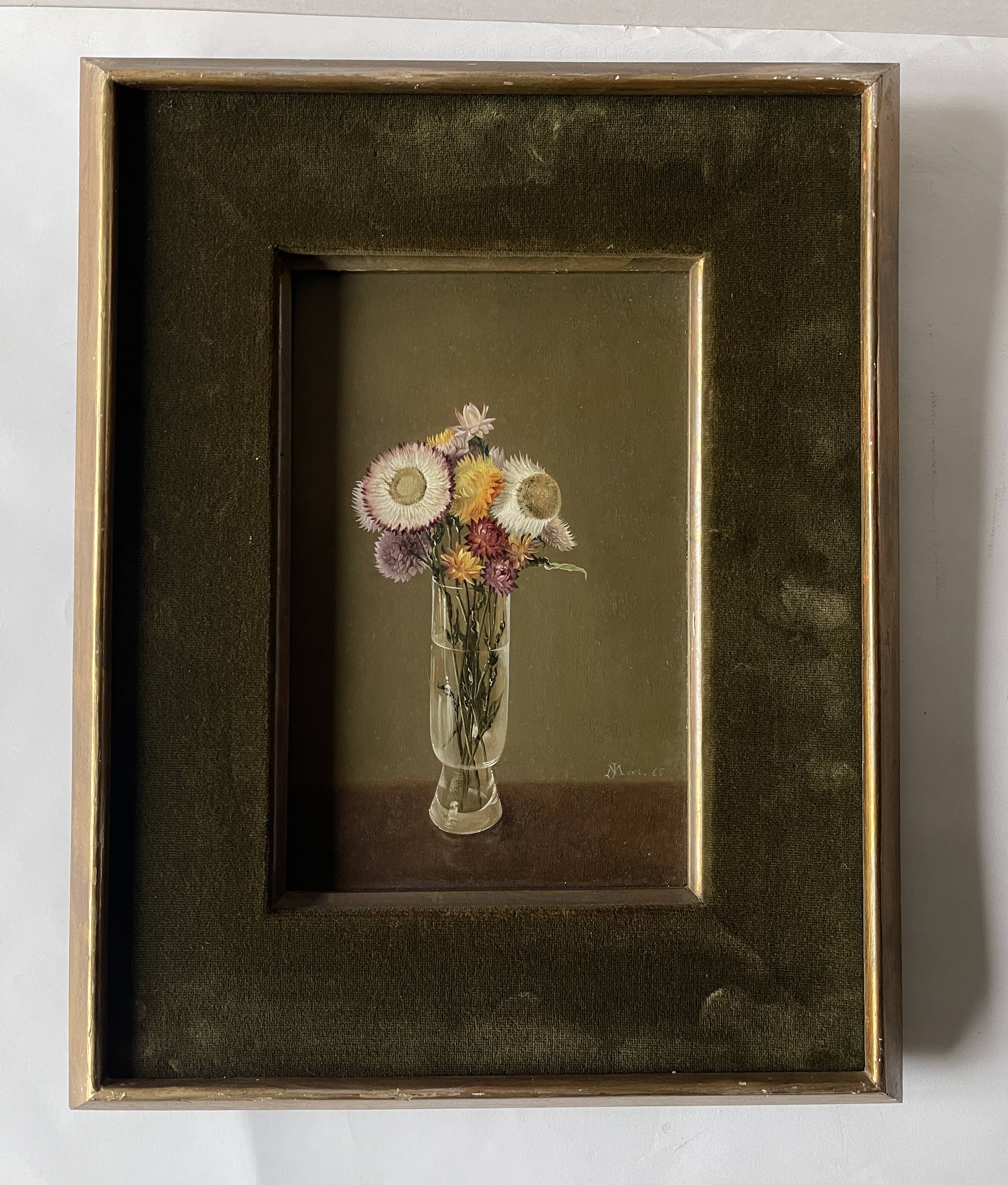 Still life oil on panel vase with immortelles