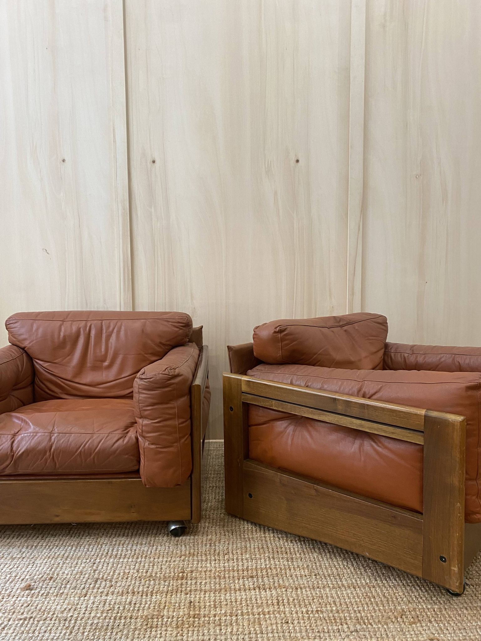 Pair of Cognac Leather Club Armchairs & Wood - Italian Design - 1970s