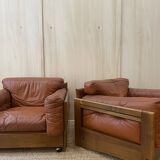 Pair of Cognac Leather Club Armchairs & Wood - Italian Design - 1970s