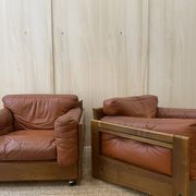 Pair of Cognac Leather Club Armchairs & Wood - Italian Design - 1970s