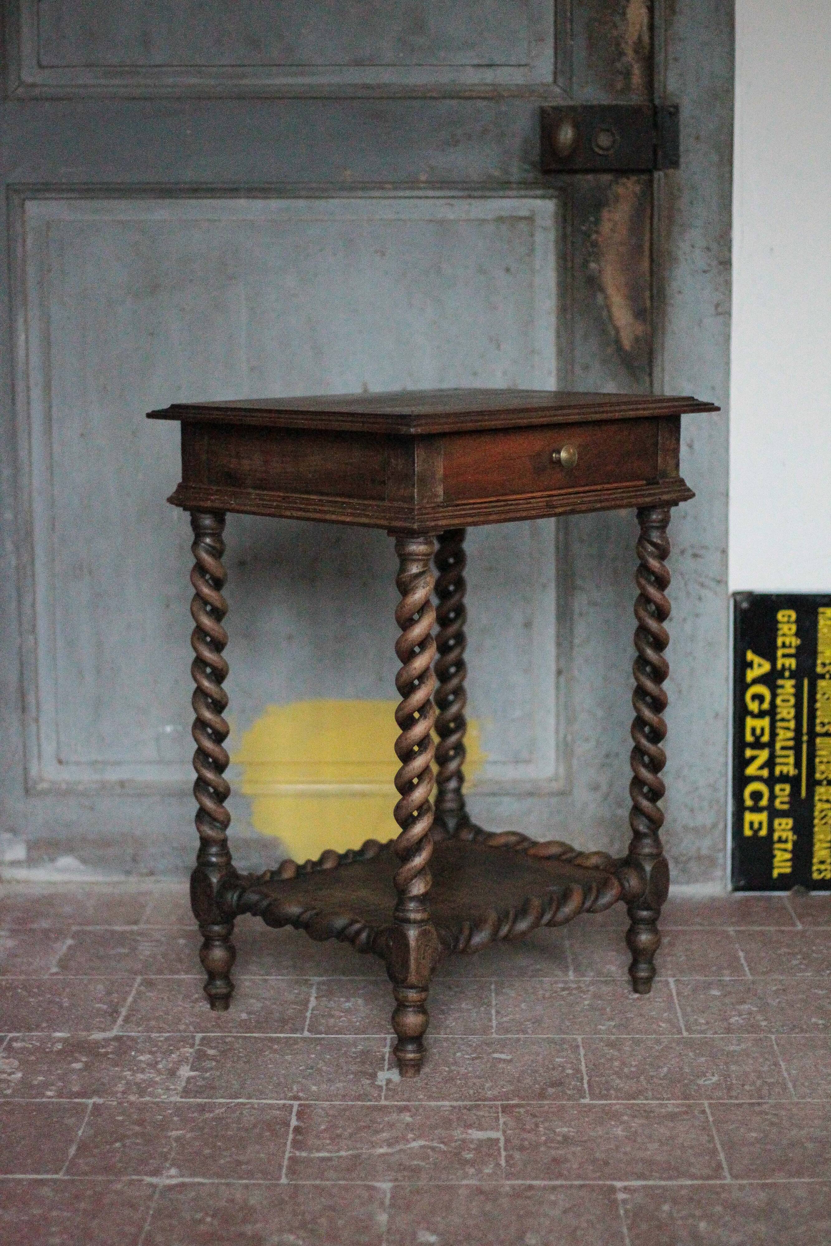 Antique turned wood bedside table with drawer, side table, nightstand