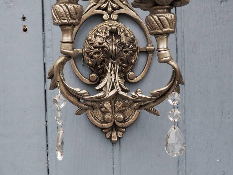 Italian Hollywood Regency Crystal Wall Lights – Silvered Metal Double Arm Light
