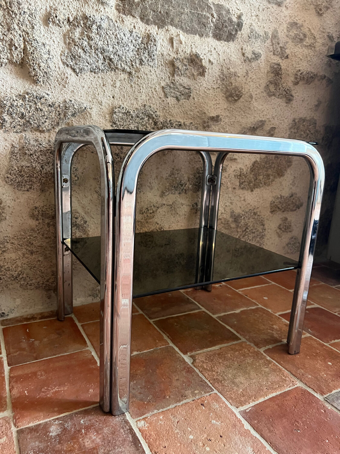 Chrome end table/side table and smoked glass