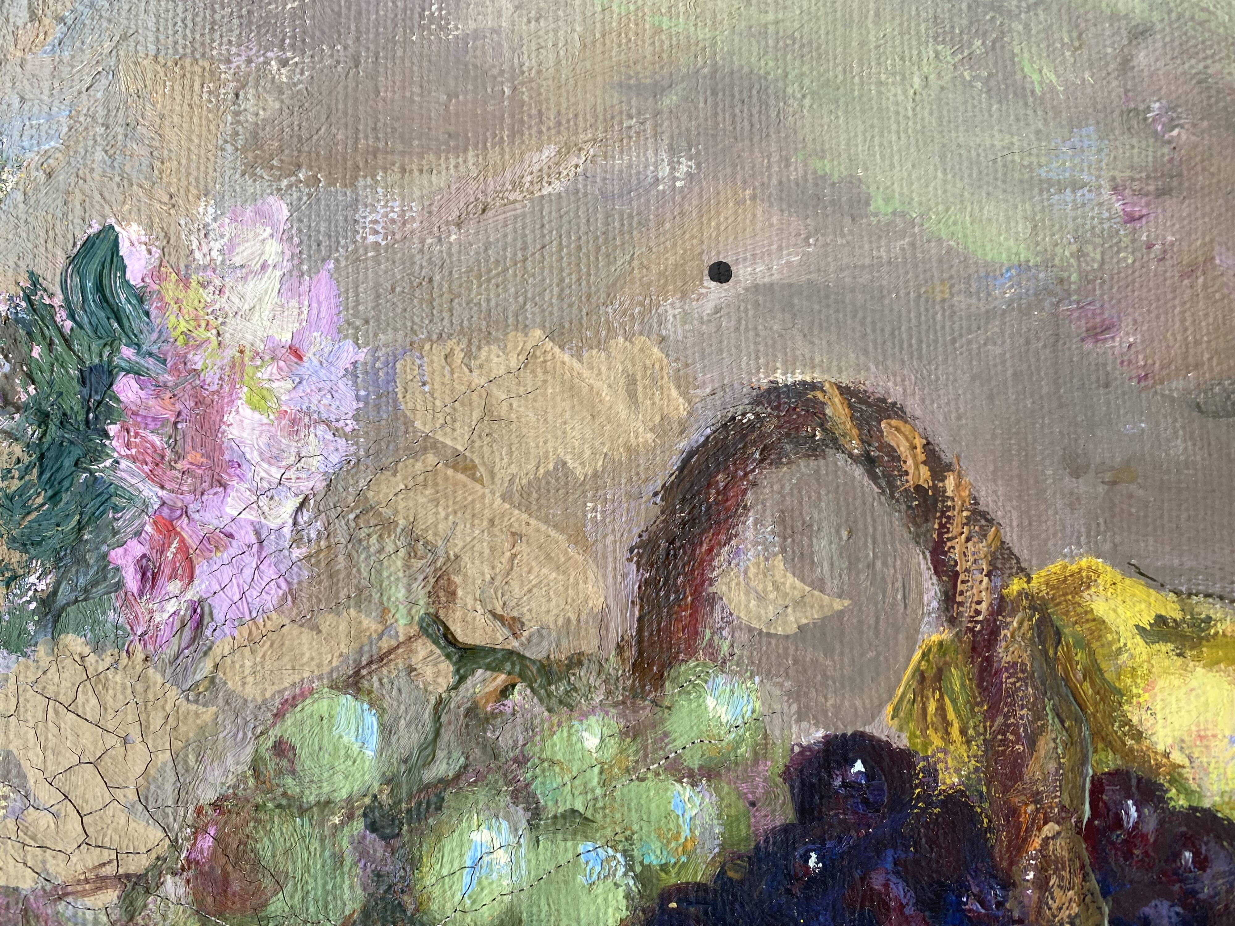 Nature morte à l'huile sur toile signée Gladkaya, peinture de fleurs et fruits années 60