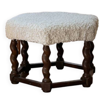 Danish Modern Brutalist 30s Oak & Wool Farmhouse Stool