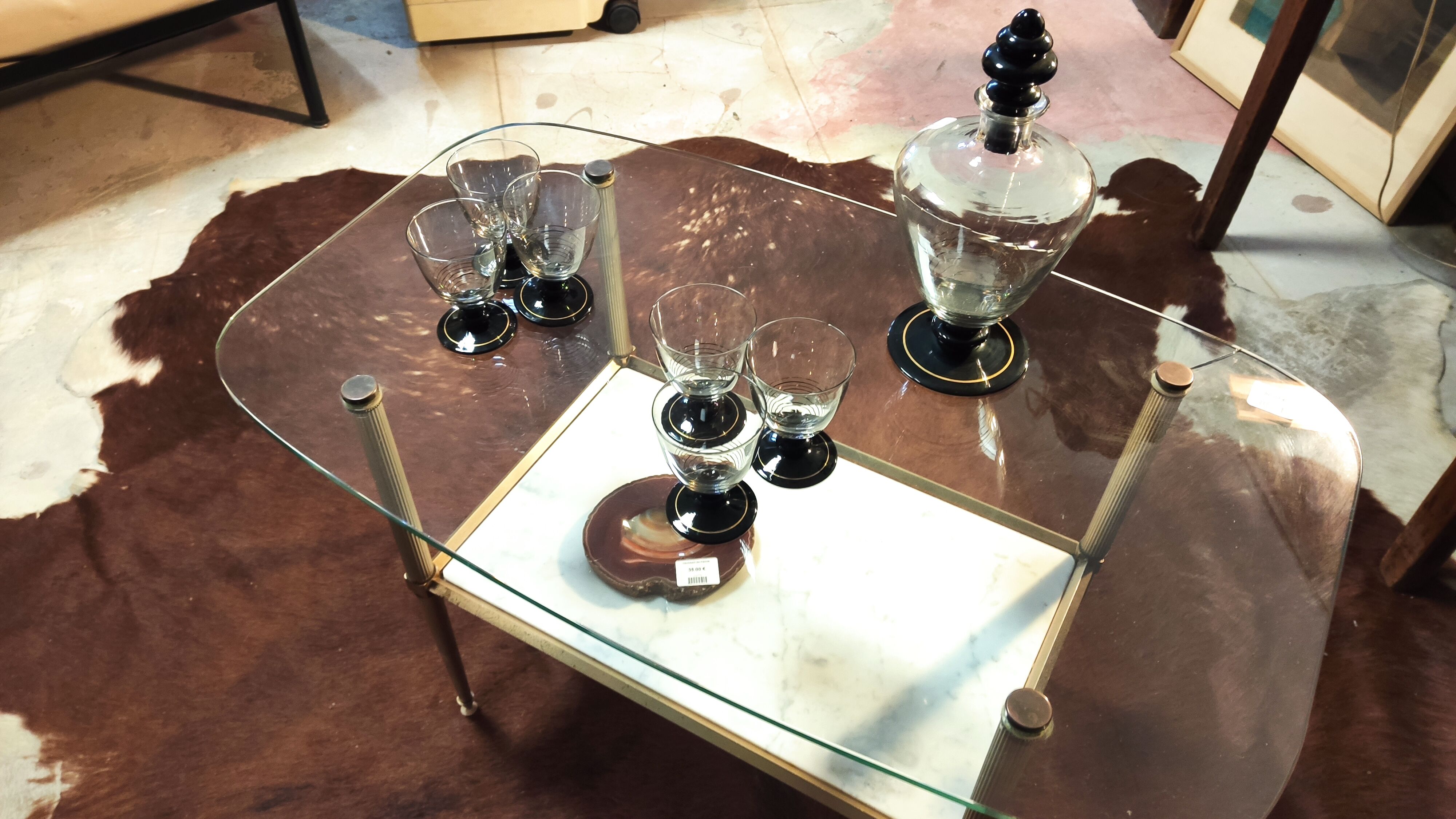 Glass, brass and marble coffee table