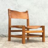 Armchair in solid elm and leather Maison Regain 1970