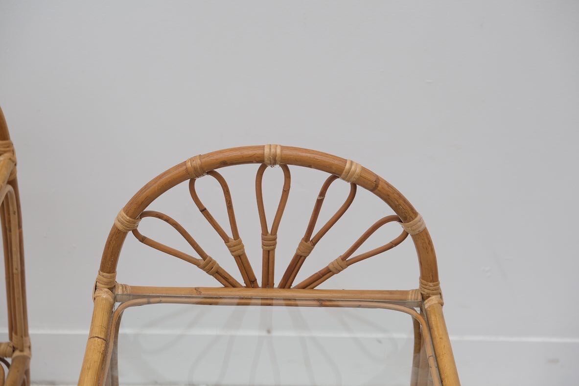 Pair of rattan and glass bedside tables, France 1970