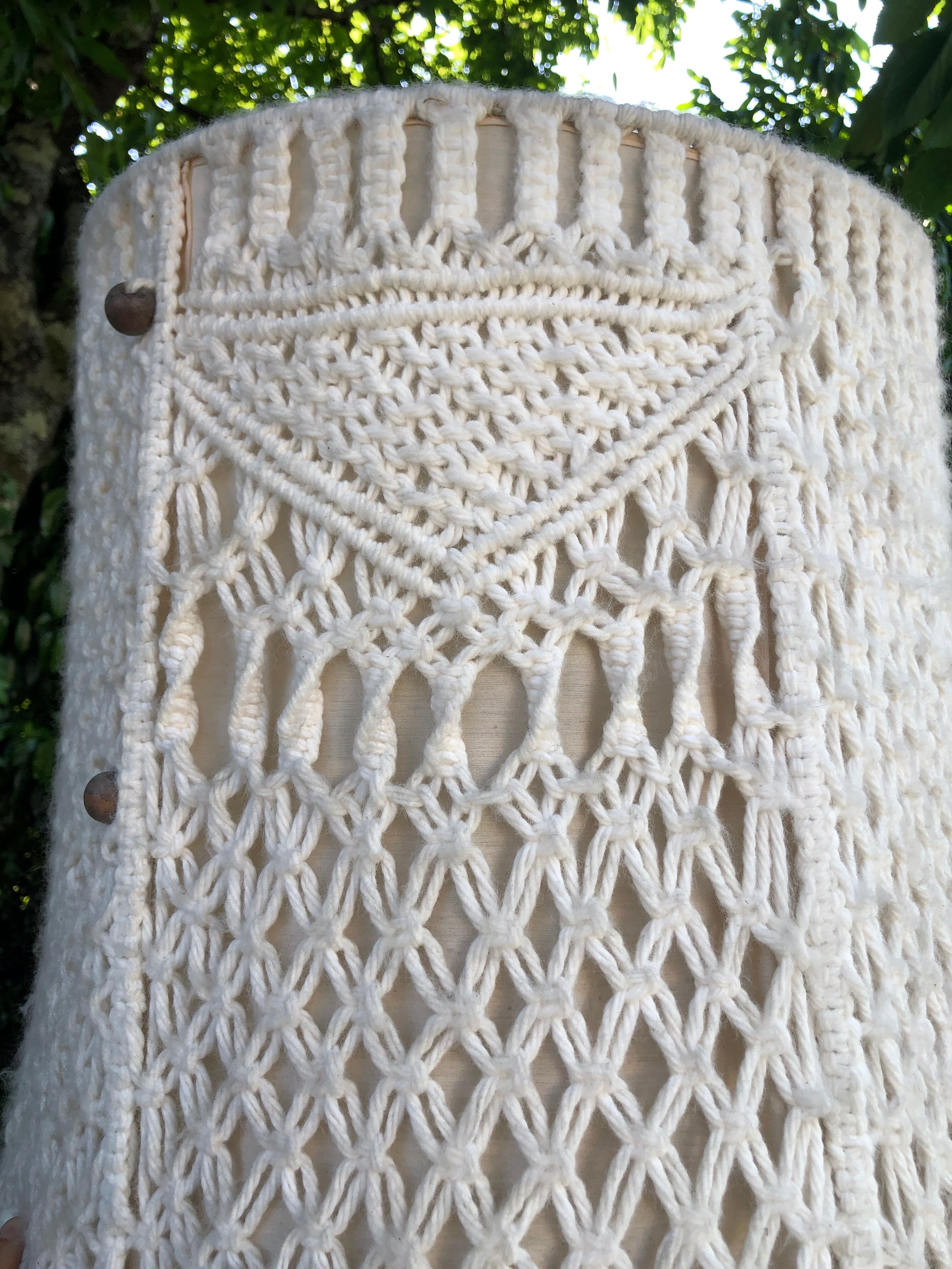 Dark turned wooden floor lamp and wool lampshade