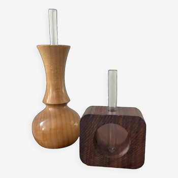 Duo of Scandinavian soliflores in wood and glass