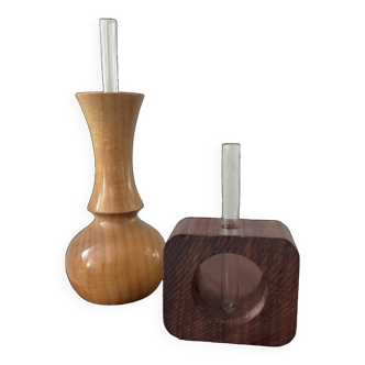 Duo of Scandinavian soliflores in wood and glass