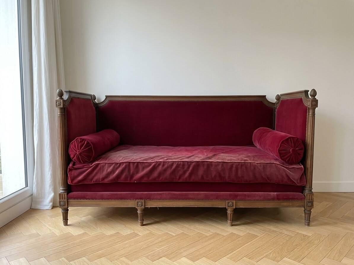 Canapé banquette lit d'appoint Louis XVI en velours bordeaux