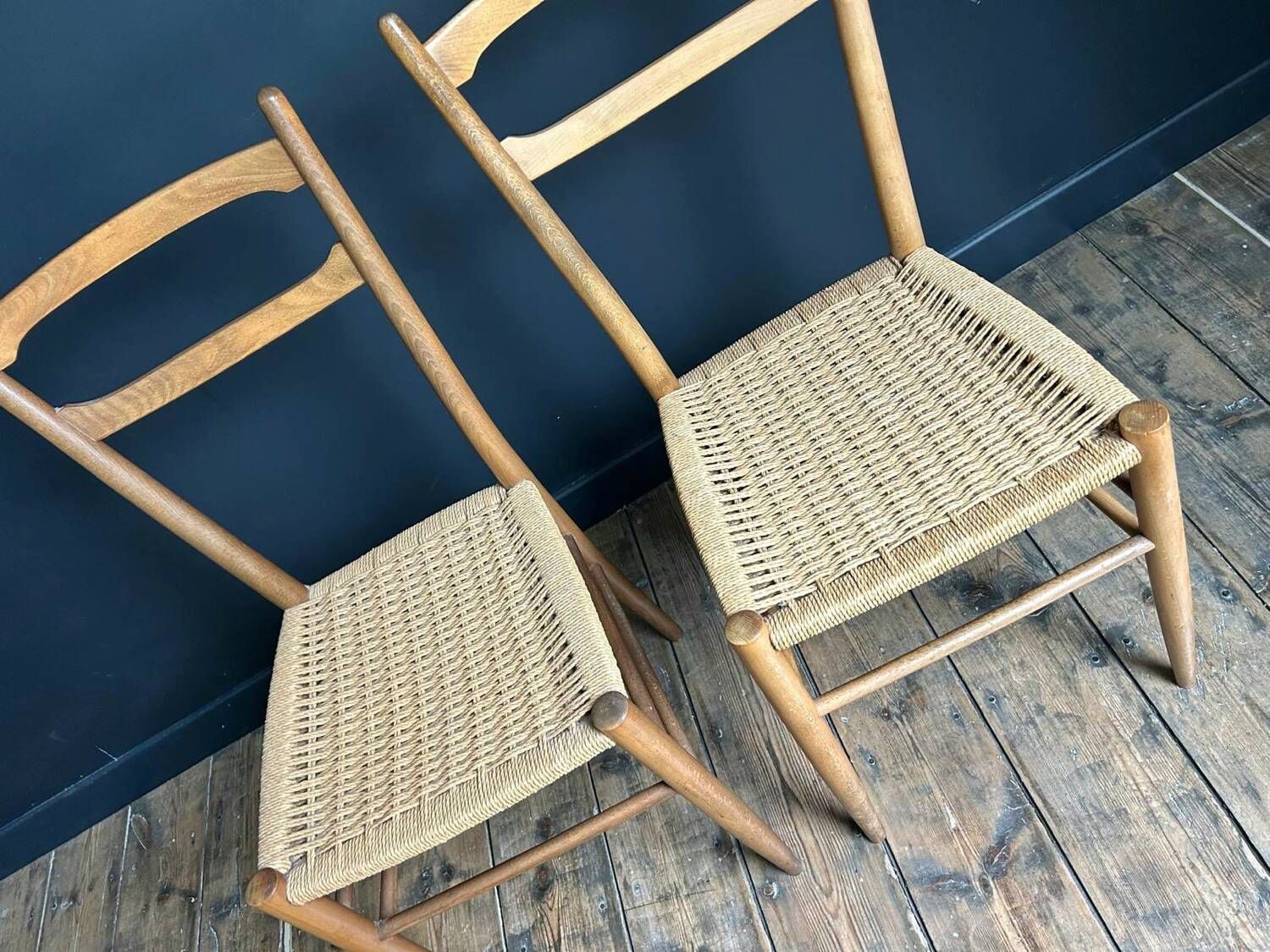 Pair of vintage chairs with rope, antique seating furniture