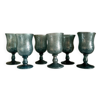 6 BIOT stemmed glasses in blue bubbled glass