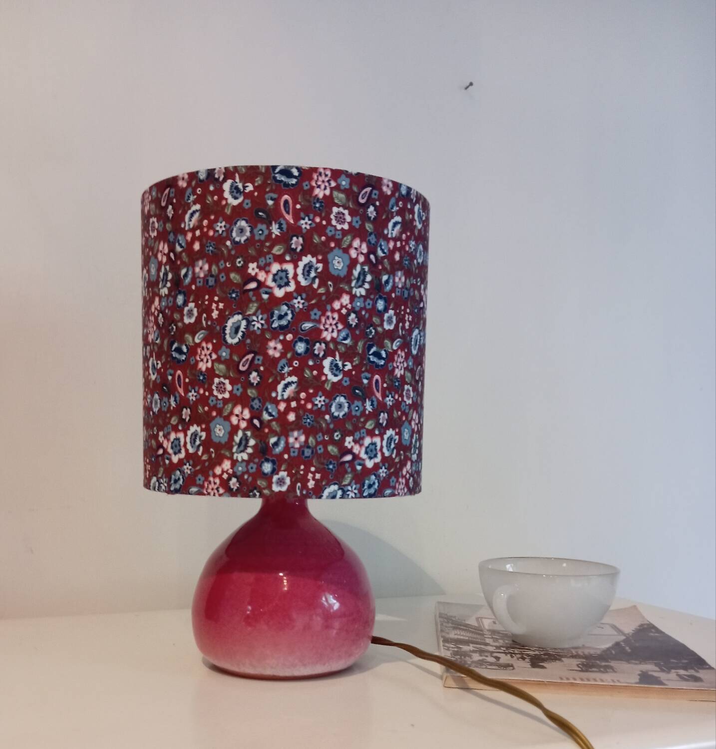 Vintage pink ceramic table lamp, Liberty flower lampshade