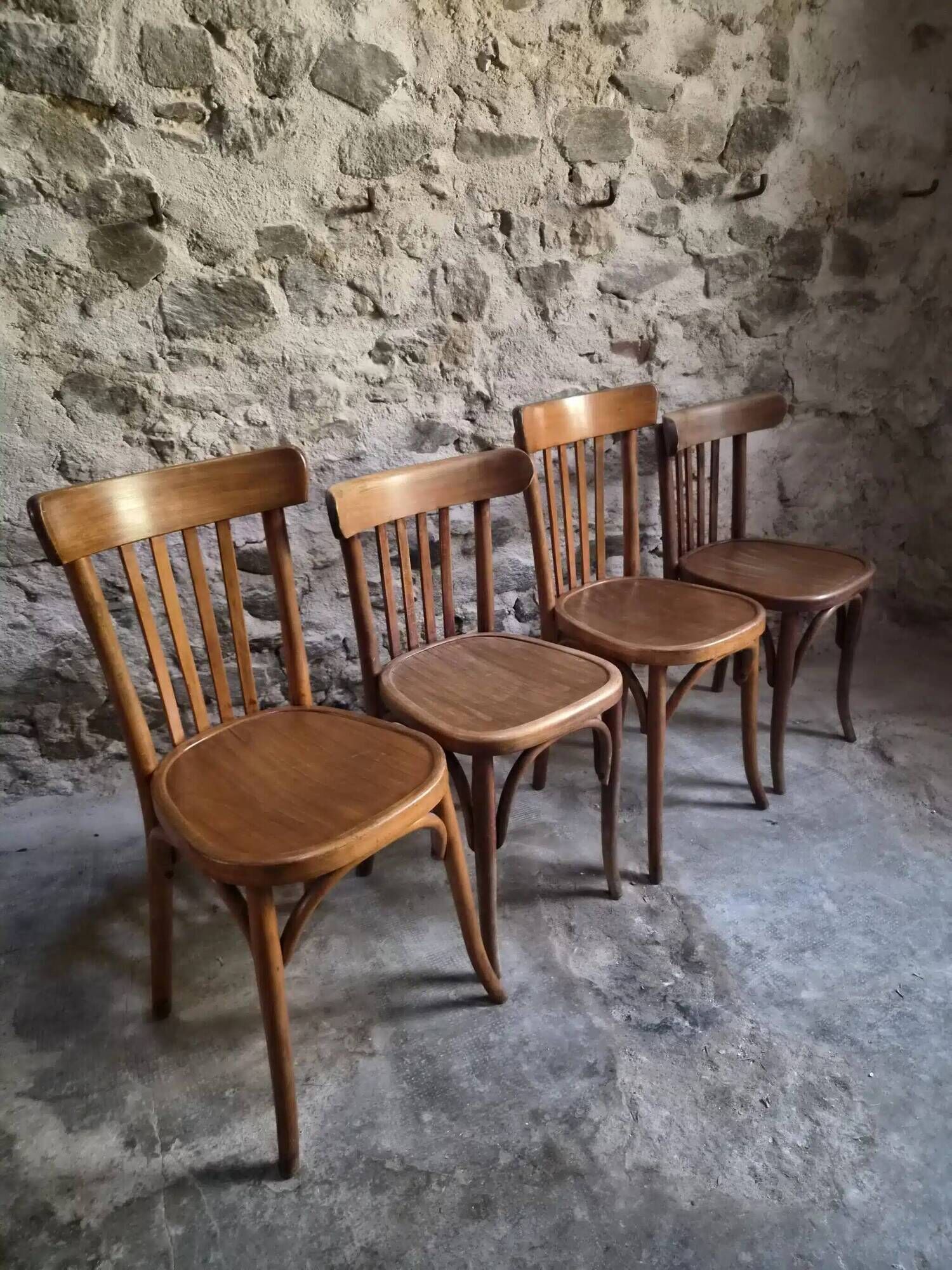 Set of 4 antique French bistro chairs by Mahieu & Guillaume, circa 1930.