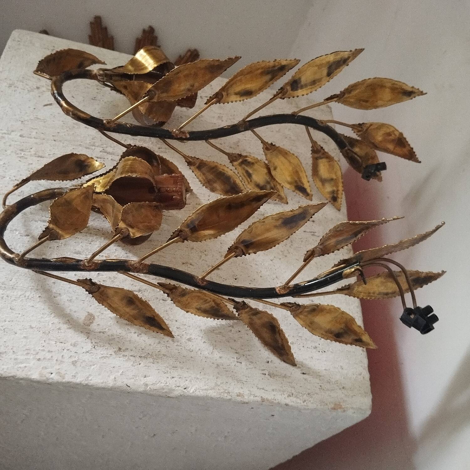 Pair of gold metal floral leaf sconces