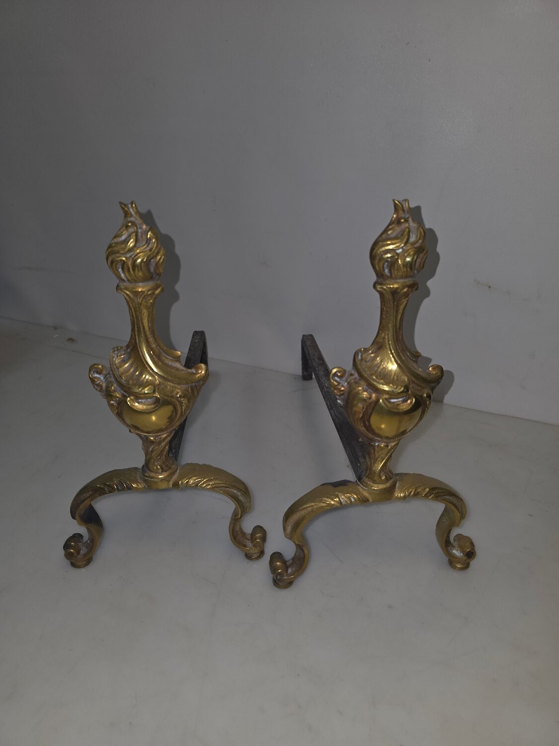 Pair of andirons for the fireplace in bronze louis xv style