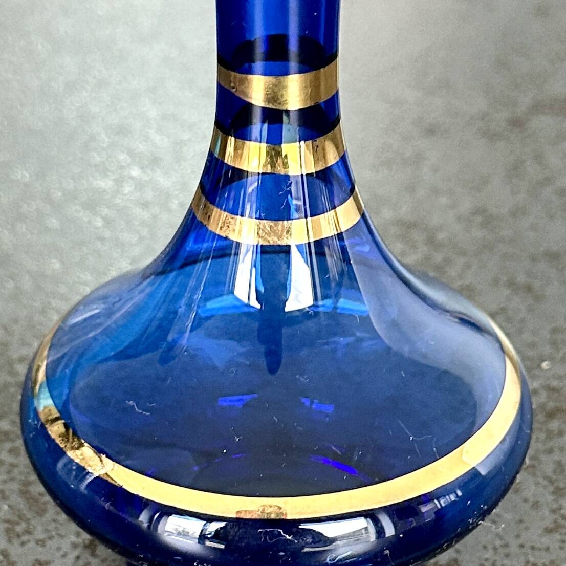 Translucent green blue glass soliflore with gold trim - 15 cm