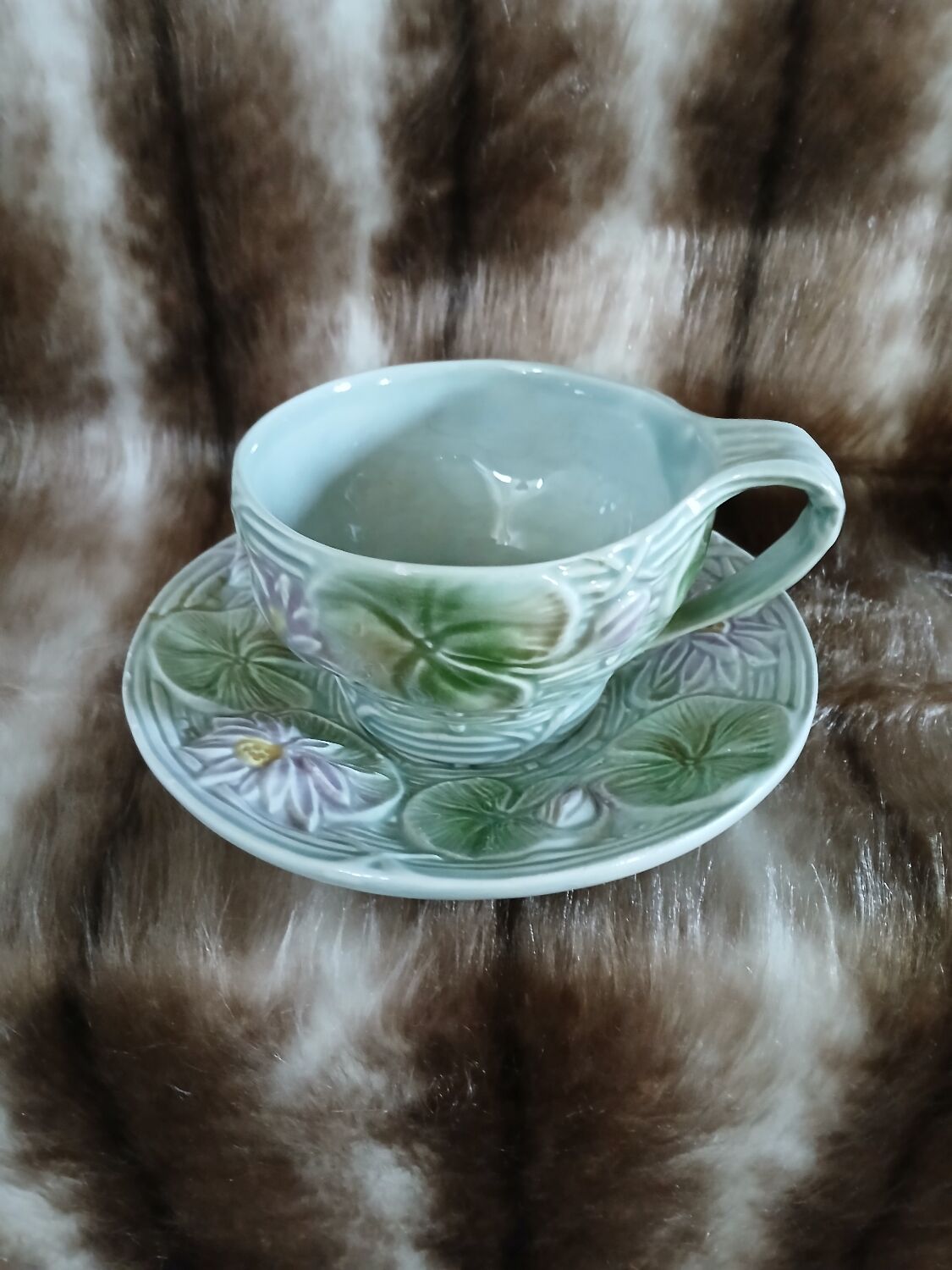 Antique cup and saucer in majolica.