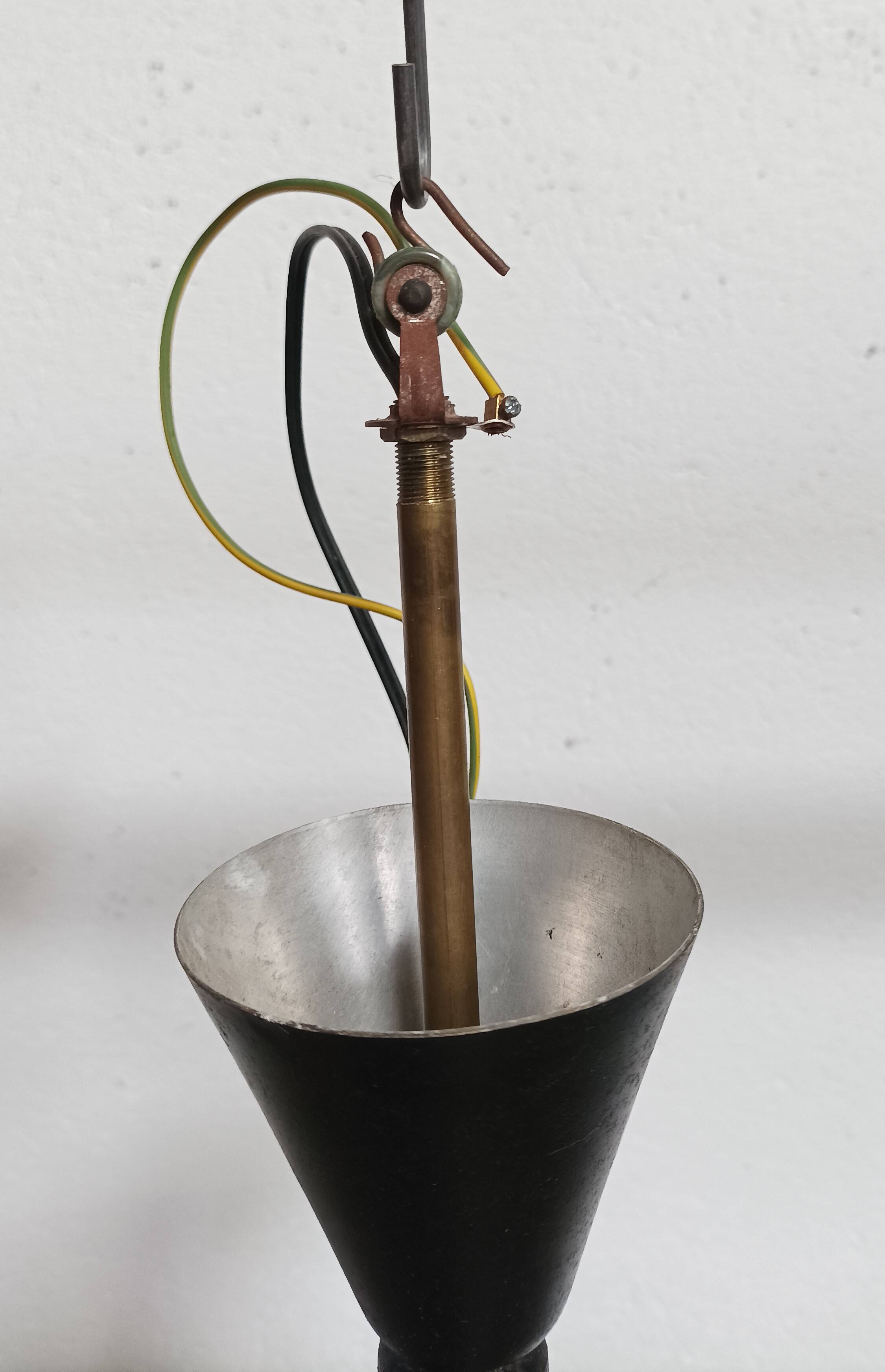 Teak, brass and opaline pendant light, Italy 1960