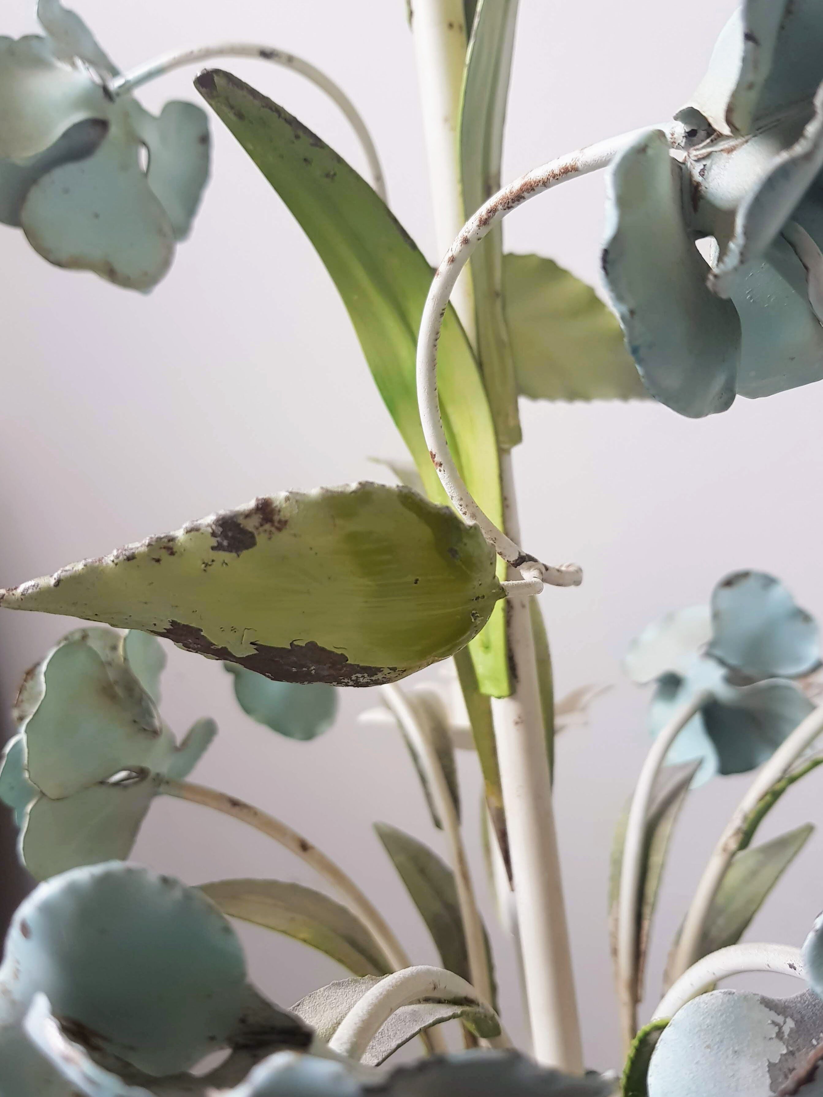 Vintage tole chandelier with light blue roses 1960s