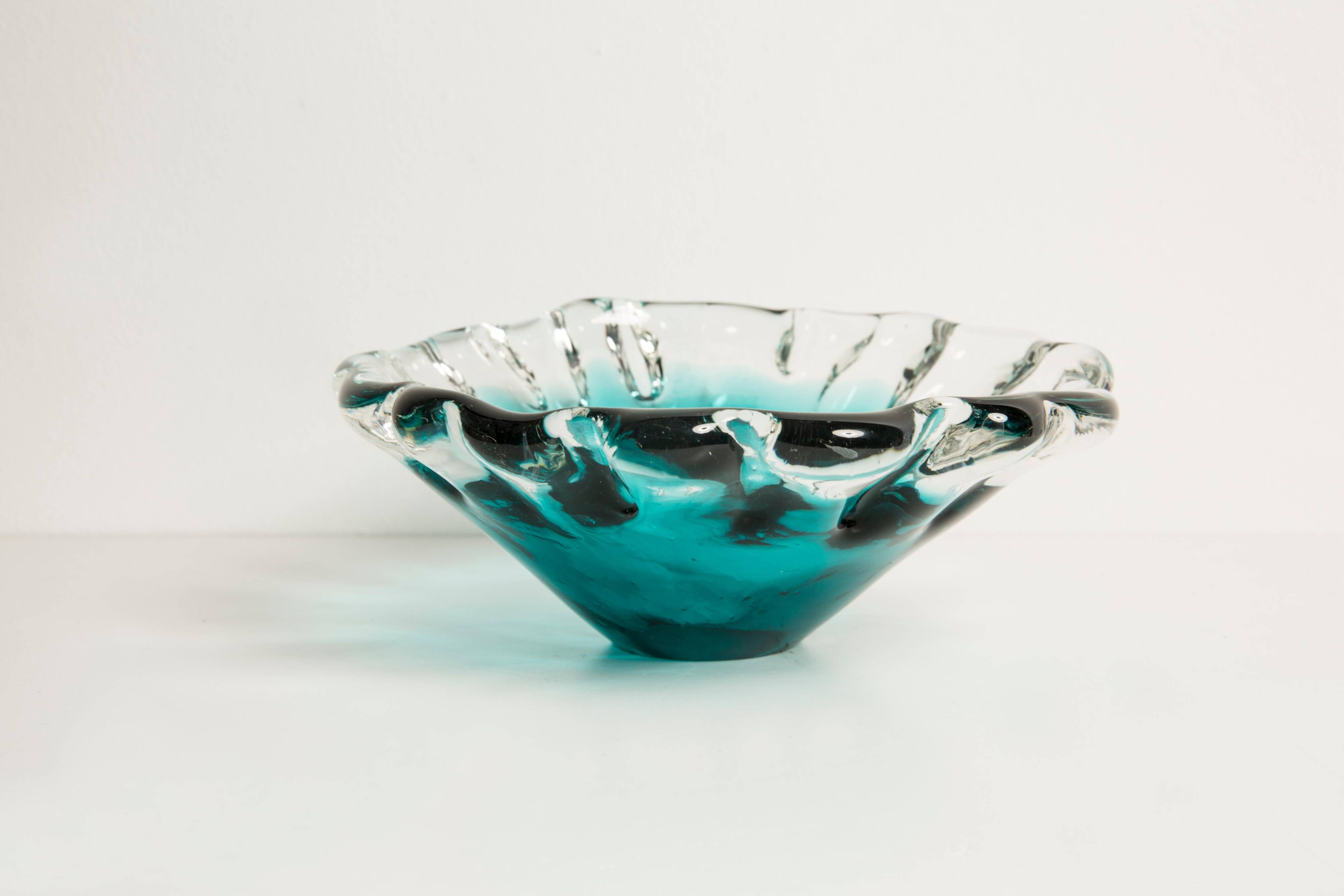 Blue aqua crystal glass bowl, mid-century, Italy, 1970s.