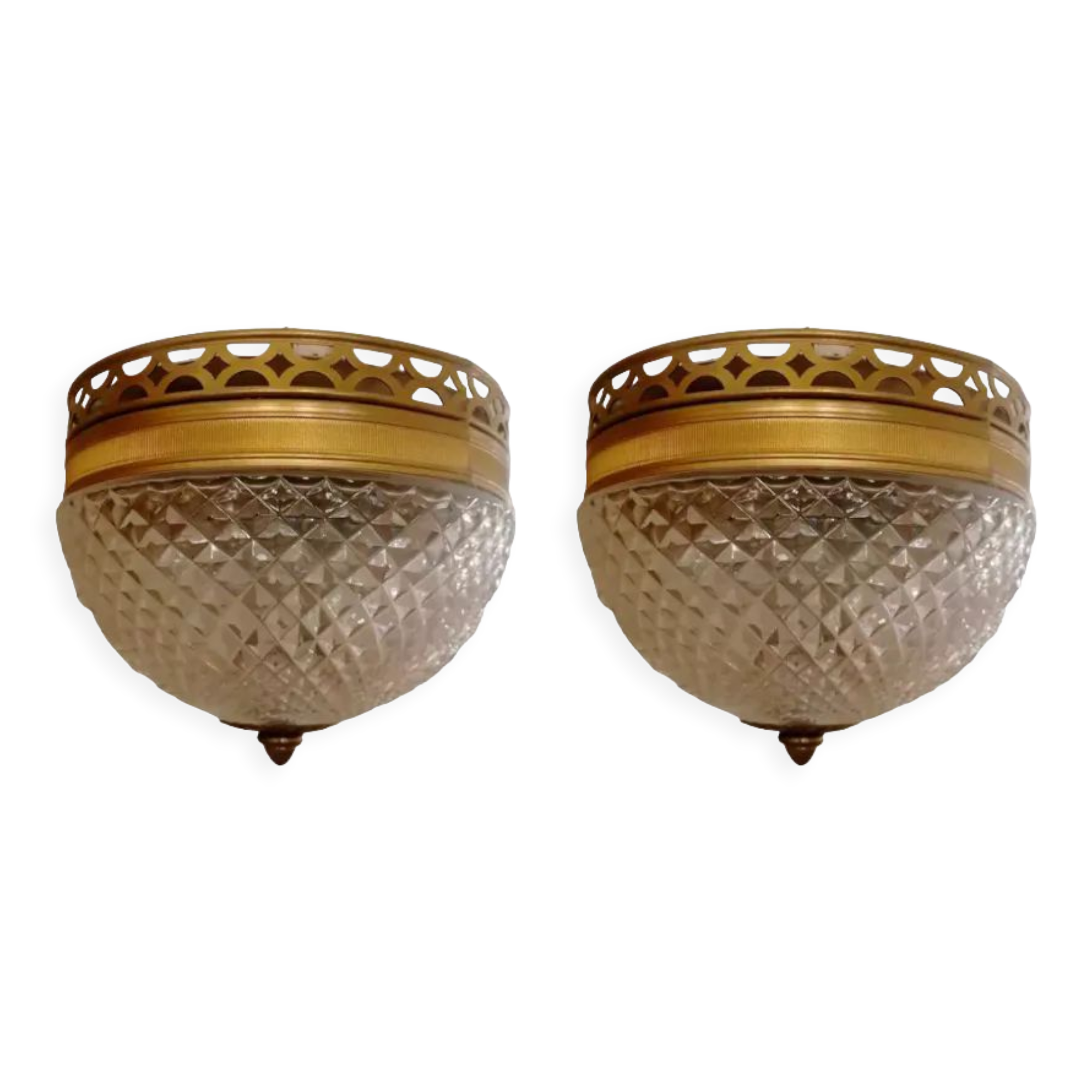 Pair of faceted glass ceiling lights and brass strapping, 1950.