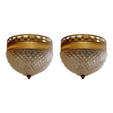 Pair of faceted glass ceiling lights and brass strapping, 1950.