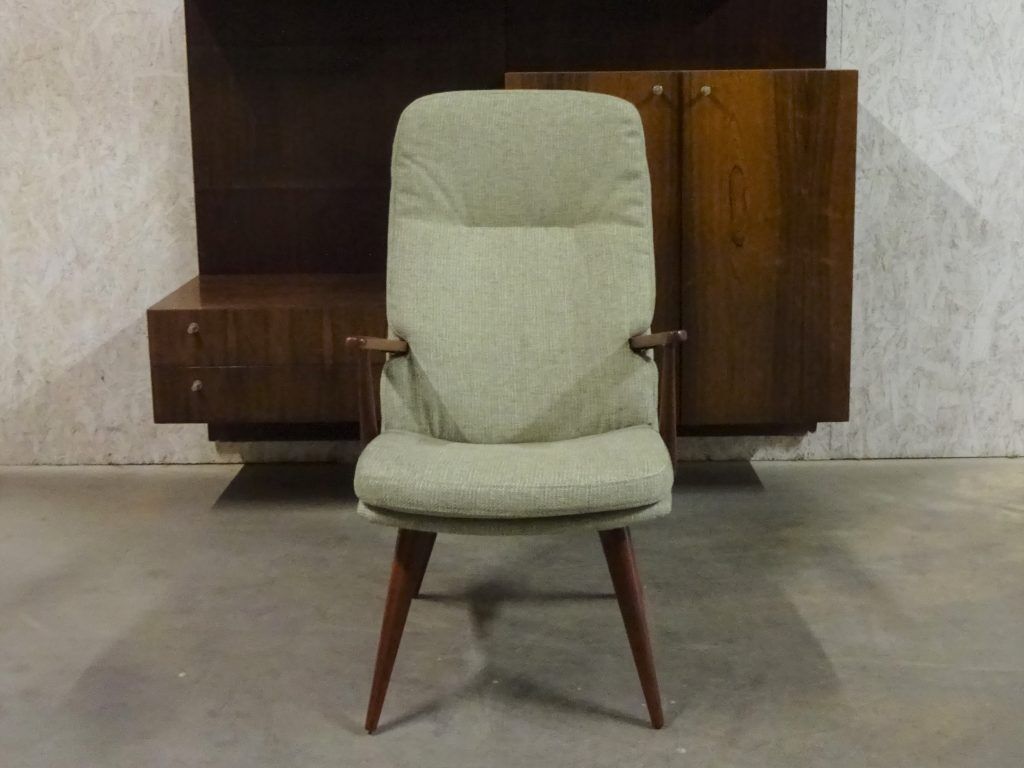 Teak armchair colored by Cor Alons for Firma C. Den Boer Gouda covered with green fabric Reseda mixture