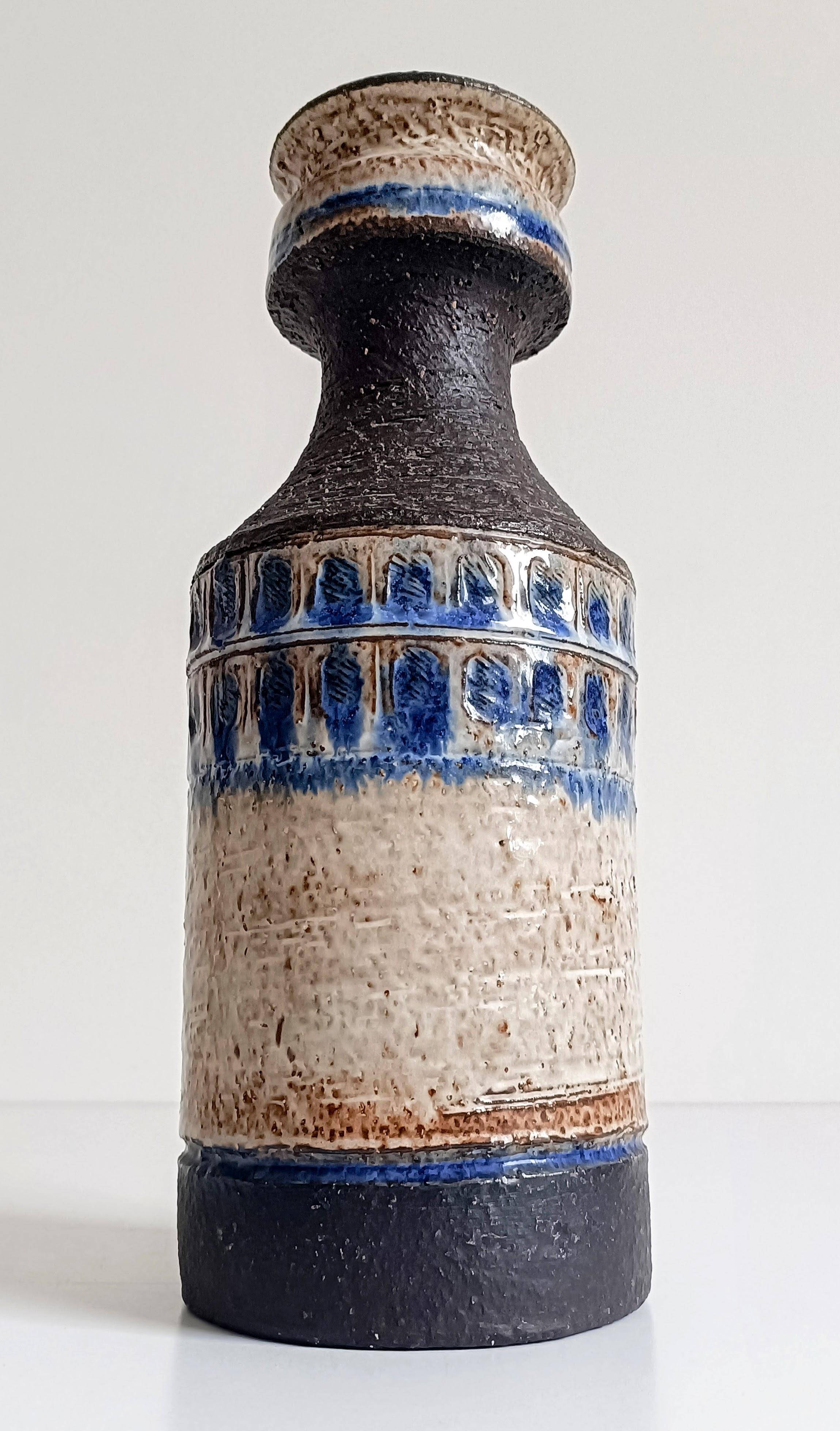 Scandinavian Modern Chamotte Vase, Dark Brown & Cream Glaze, Denmark