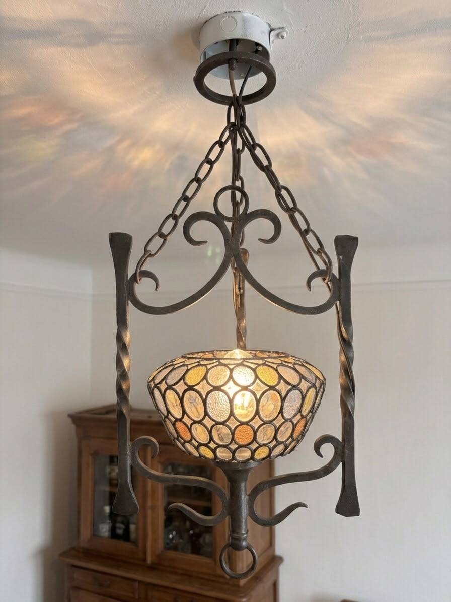 Colourful Stained Glass Wall Sconce with Wrought Iron and Cabochons Lamp