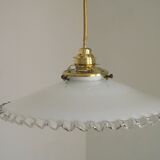 Vintage French White Opaline Glass Pendant Light Clear Glass Edge 5407