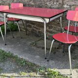Red Formica table, 4 matching Formica chairs, vintage, 60s.