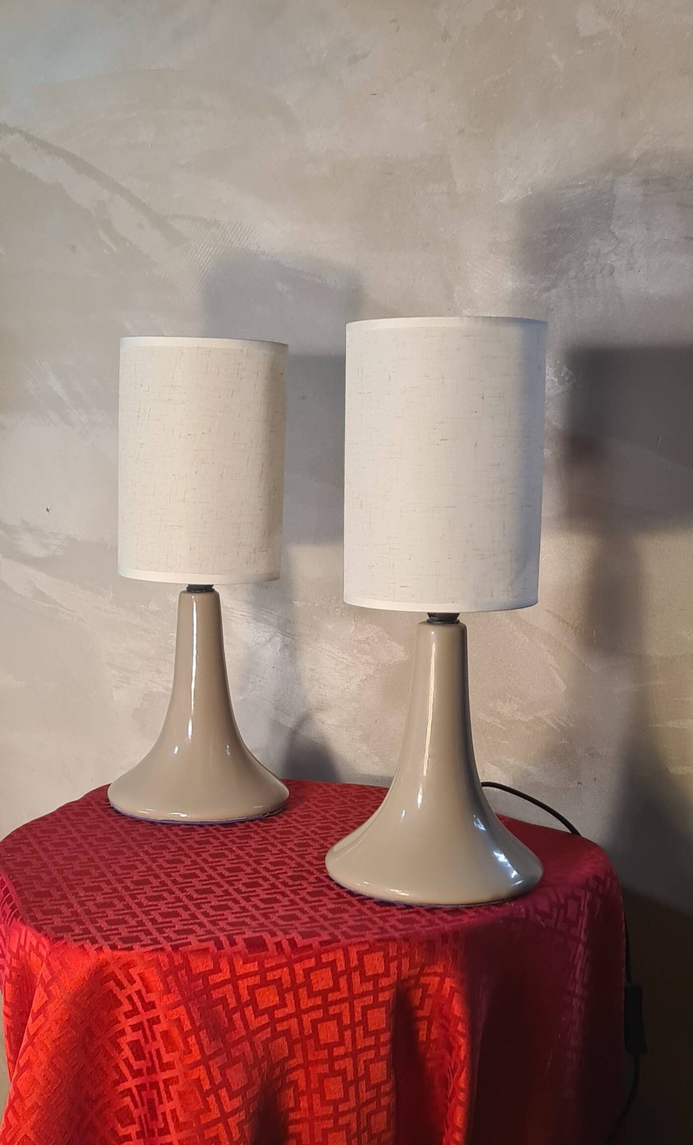 pair of taupe ceramic bedside lamps with linen lampshade 37x15