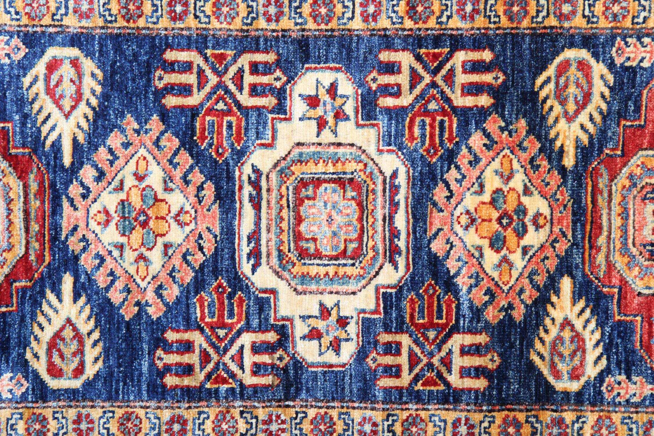 Handmade runner rug traditional kazak carpet rug blue geometric runner