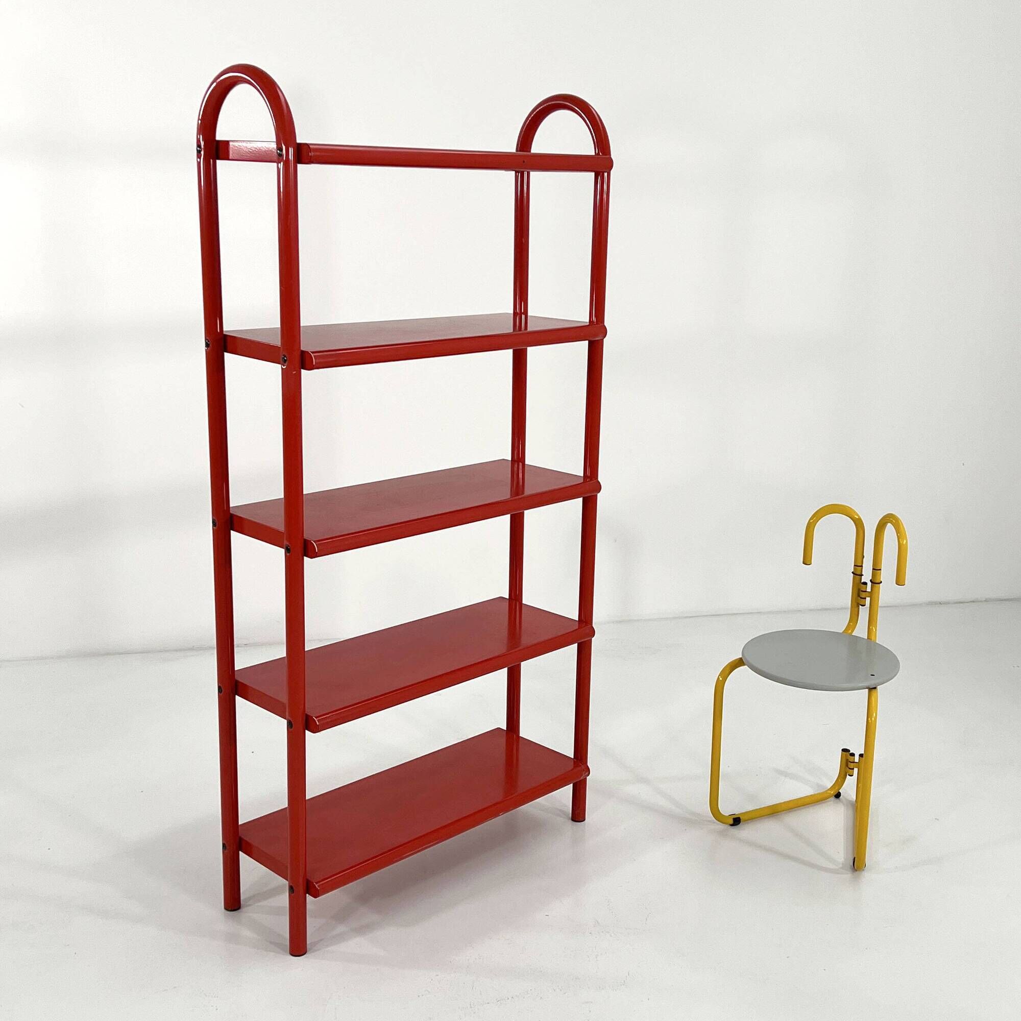 Red tubular leg shelf, 1980