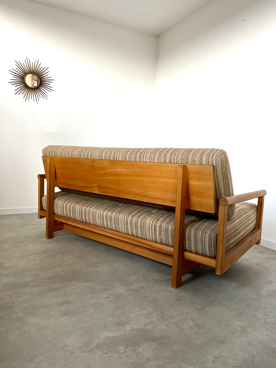 Old wooden sofa vintage brutalist design 60s