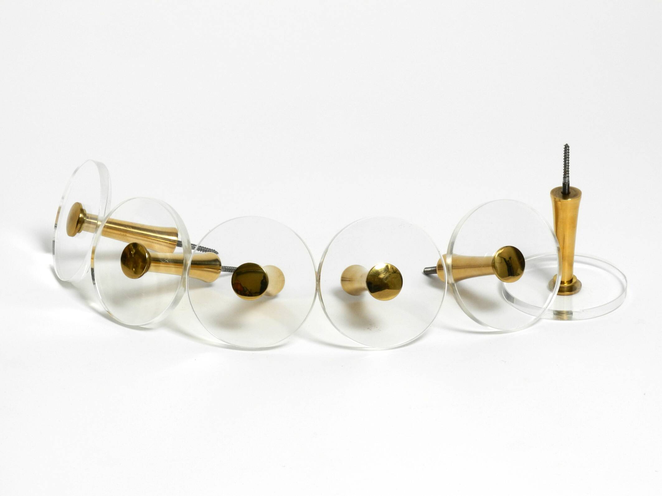70s set of 6 coat hooks made of brass and plexiglass Vereinigte Werkstätten