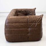 Vintage two-seater Togo sofa with arms in brown leather by Michel Ducaroy for Ligne Roset, 1970s