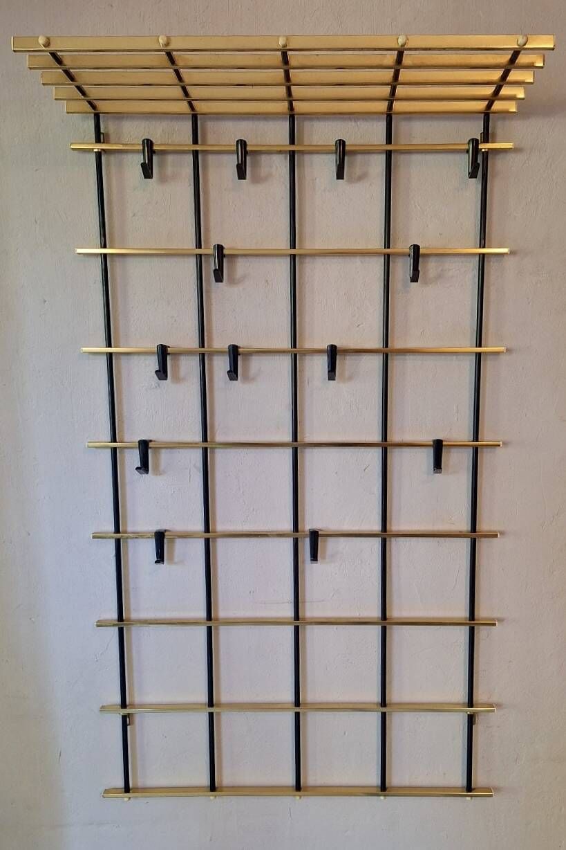 Wall mounted brass and metal coat and hat rack, 1960s