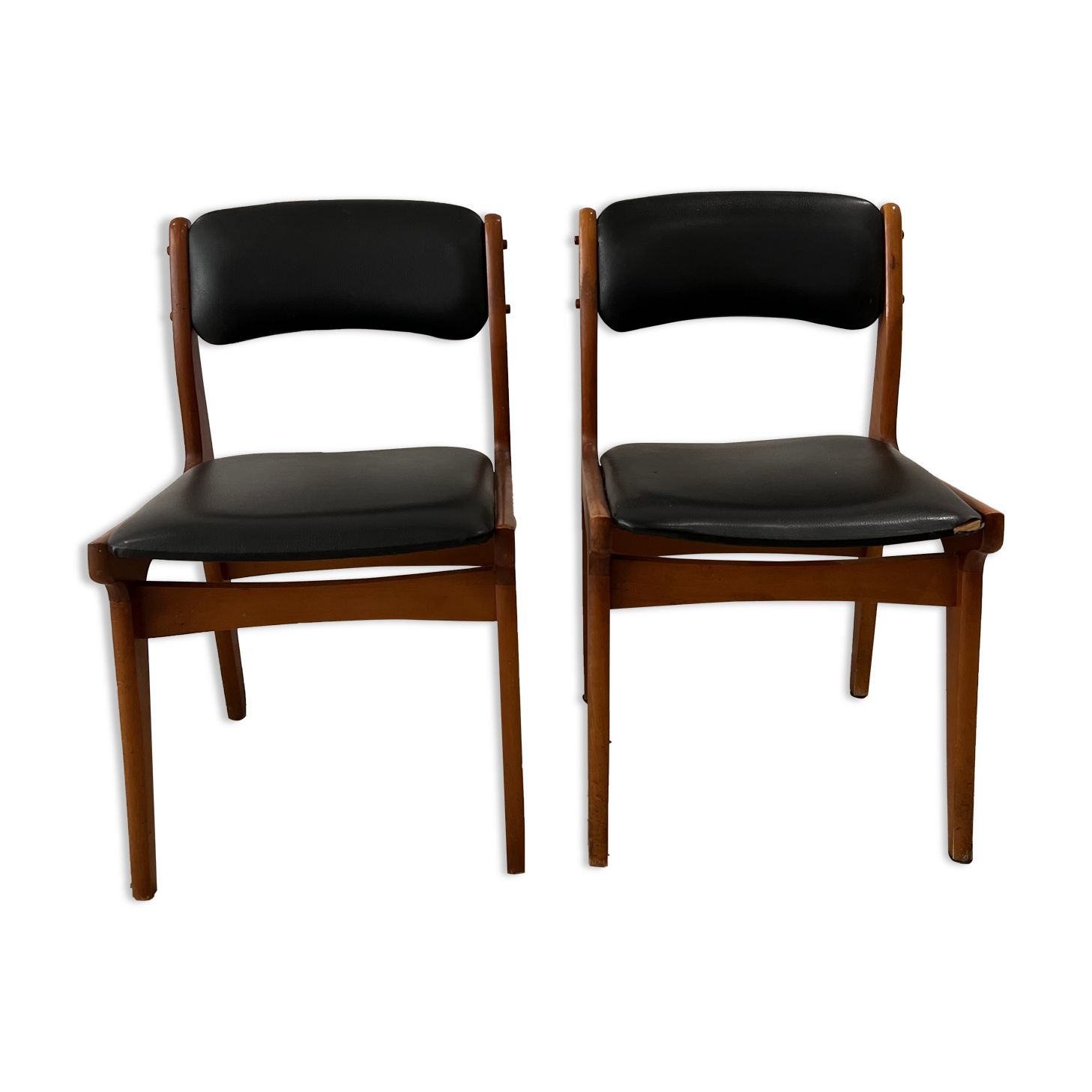 Chaise vintage scandinave en bois et simili cuir noir
