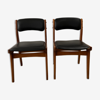 Chaise vintage scandinave en bois et simili cuir noir