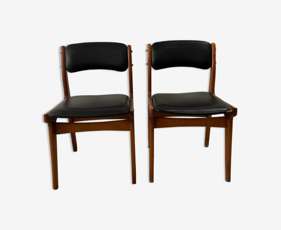 Chaise vintage scandinave en bois et simili cuir noir