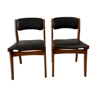 Chaise vintage scandinave en bois et simili cuir noir