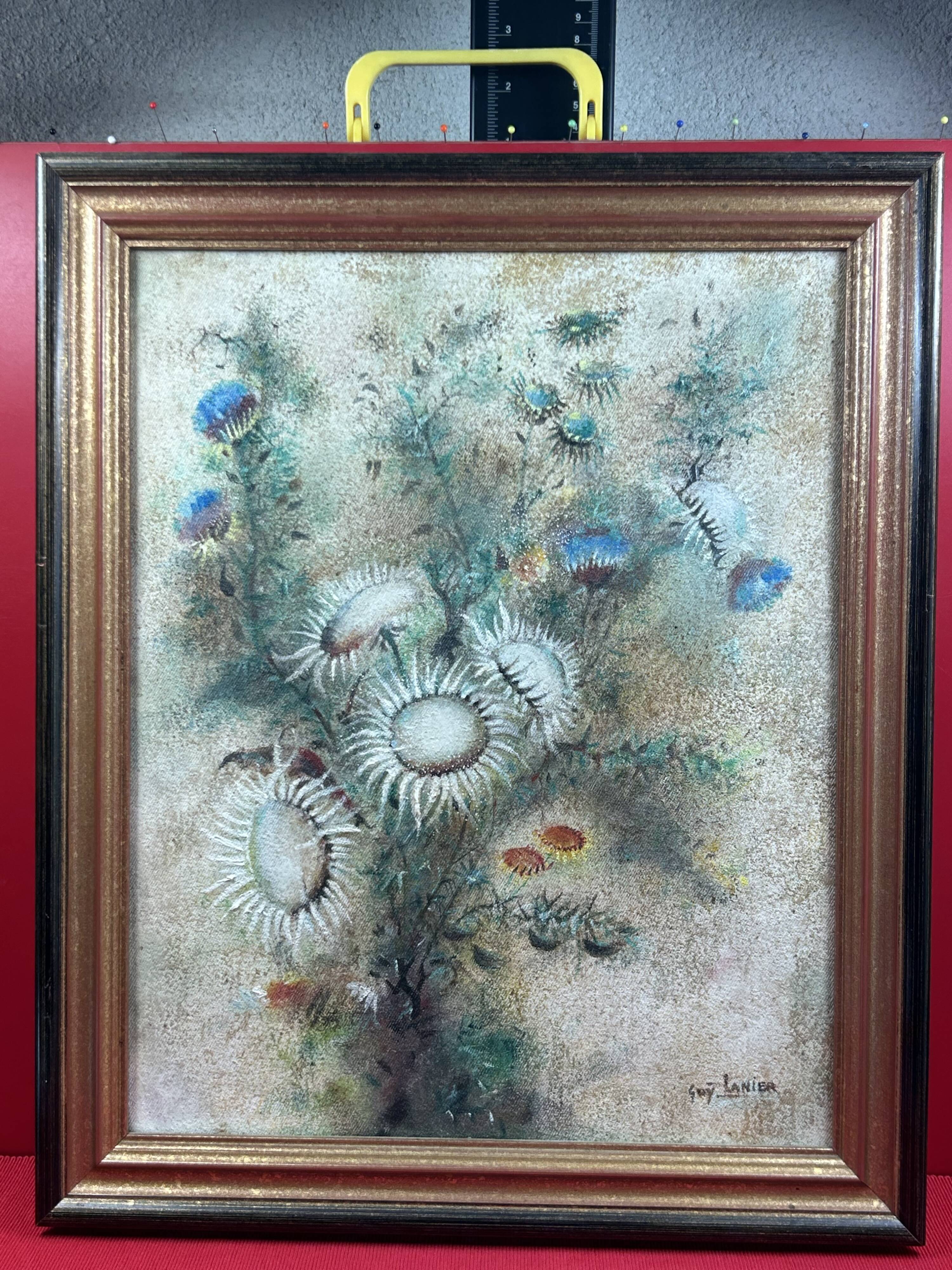 Oil/canvas Nature Wildflowers, Thistles signed Guy Lanier