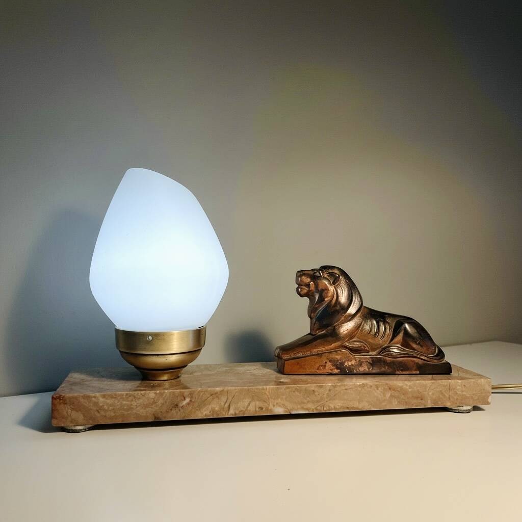 Art Deco lamp with marble, opaline globe & lion sculpture in spelter